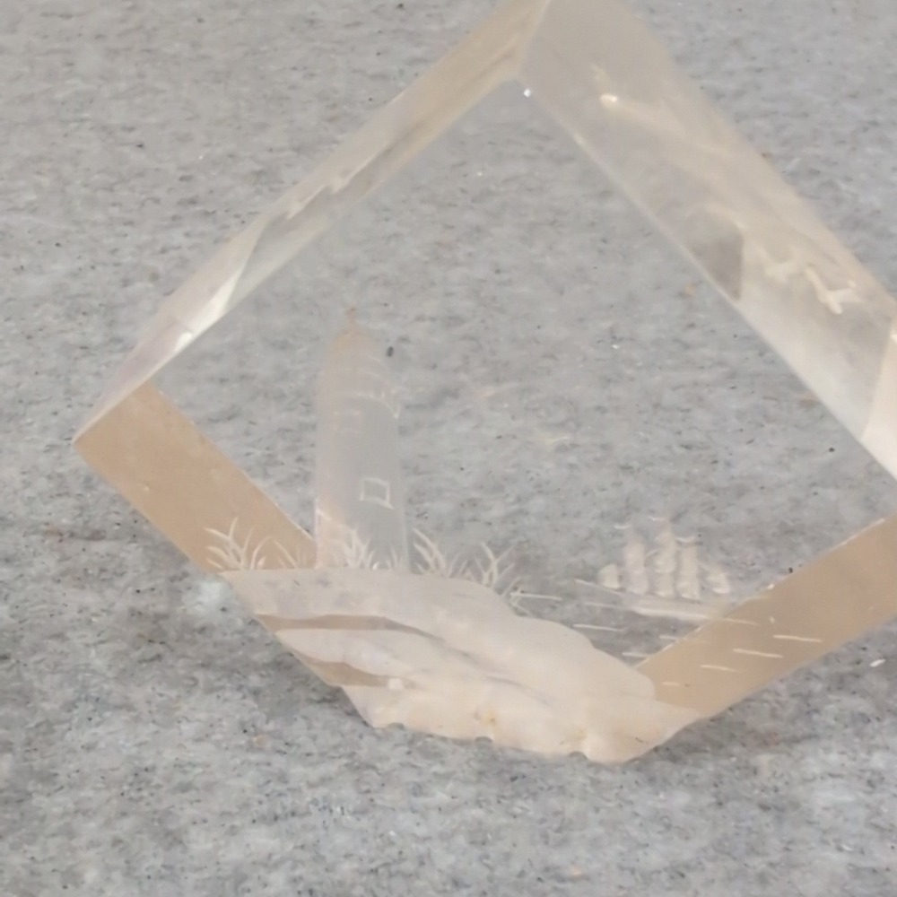Vtg Intaglio Etched Nautical Lighthouse Ship Clear Cube Paperweights Set of 2 - Picture 3 of 5